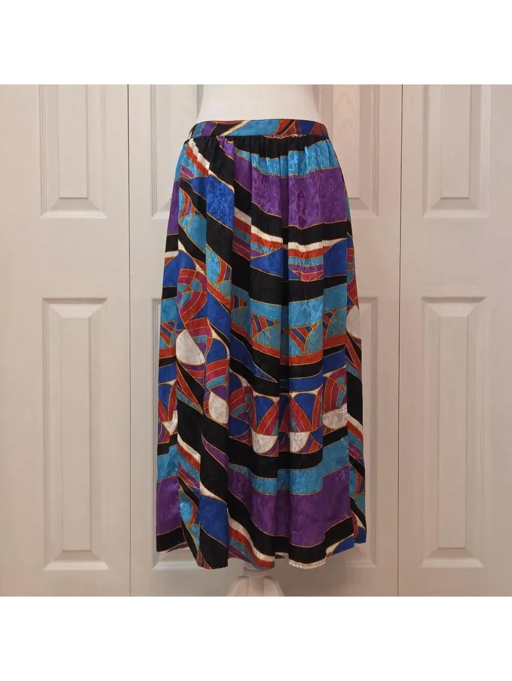 Vintage 70s Abstract Geometric Print Midi Skirt Size 10 (S) Retro Mod Boho Beach